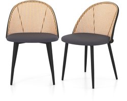COSTWAY Eetkamerstoelen, set van 2, keukenstoelen met gesimuleerde rotan en metalen poten, 150 kg belastbaar, stoelen zonder armleuningen, rotan stoelen voor eetkamer, restaurant, woonkamer, grijs