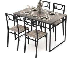 COSTWAY Eettafel 5-delige set, keukentafel met 4 stoelen, eetgroep voor 4 personen, rechthoekige eetkamertafel in industriële stijl, zitgroep voor eetkamer, keuken, ruimtebesparend, grijs