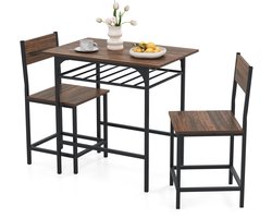 COSTWAY Eettafel met 2 stoelen, 3-delige houten eetgroep met opbergvak en metalen frame, kleine keukentafel voor 2 personen, eetkamergroep voor keuken, eetkamer, 80 x 52,5 x 77 cm (bruin)
