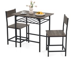 COSTWAY Eettafel met 2 stoelen, 3-delige houten eetgroep met opbergvak en metalen frame, kleine keukentafel voor 2 personen, eetkamergroep voor keuken, eetkamer, 80 x 52,5 x 77 cm (grijs)