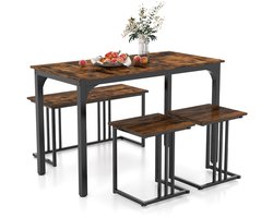 COSTWAY Eettafel met bank en 2 krukken, set van 4 keukentafel, industriële eetgroep voor keuken, eetkamer, restaurant, bartafel met stoelen, vintage zitgroep (120 x 60 x 75 cm, bruin)