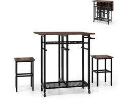 COSTWAY Eettafelset, 3-delig, uittrekbare keukentafel op wielen met 2 stoelen, eetgroep met 6 flessen, wijnrek, planken en handgreep, inklapbare eetkamertafel voor kleine ruimtes (bruin + zwart)