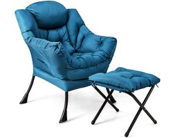 COSTWAY Fauteuil met kruk, relaxstoel met armleuningen, zijzak en voetensteun, loungestoel, televisiestoel, oorfauteuil voor woonkamer, slaapkamer, kantoor (blauw)