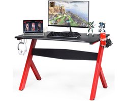 COSTWAY Gamingtafel, computertafel, gamingbureau met beker- en koptelefoonhouder en muismat, laptoptafel met R-vormig stalen frame, pc-tafel voor thuis, kantoor, speelkamer