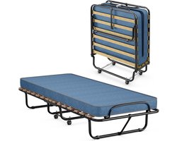 COSTWAY Gastenbed van 80 x 190 cm, met matras van traagschuim, inklapbaar eenpersoonsbed, stabiel metalen bed tot 130 kg belastbaar, klapbed op wielen, vouwbed, camping, logeerkamer, draagbaar bed