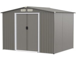 COSTWAY Gereedschapsschuur met fundament, 260 x 207 x 180 cm, gereedschapsschuur van verzinkt staal, tuinhuis met dubbele deuren en helling, tuinschuur afsluitbaar, metalen schuur voor buiten (grijs)