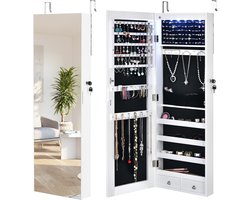 COSTWAY Gespiegelde sieraden opbergkast, afsluitbare muur geplaatst / deur opknoping sieradenkast met 6 LED-verlichting en 2 laden, multifunctionele sieraden doos organisator met volledige lengte spiegel voor slaapkamer (Wit)