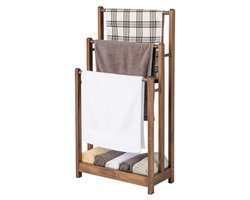 COSTWAY Handdoekenrek vrijstaand, handdoekhouder hout met 3 handdoekstangen & onderste plank & kantelbeveiliging, droogrek bruin voor badkamer, hotels (bruin)