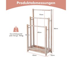 COSTWAY Handdoekenrek vrijstaand, handdoekhouder hout met 3 handdoekstangen & onderste plank & kantelbeveiliging, droogrek bruin voor badkamer, hotels (wit)