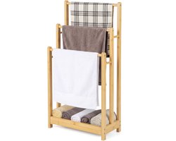 COSTWAY Handdoekenrek vrijstaand, handdoekhouder hout met 3 handdoekstangen & onderste plank & kantelbeveiliging, droogrek bruin voor badkamer, hotels (Natuur)