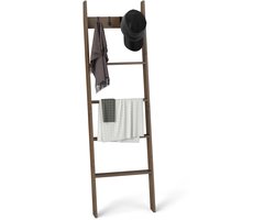 COSTWAY Handdoekladder van bamboe, handdoekenrek met 4 haken, 5 sporten en anti-kantelriemen, plafondladder voor woonkamer, badkamer, handdoekenrek, bruin, 43 x 8 x 148 cm