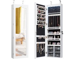 COSTWAY Hangende sieradenkast, simpelkast met ledverlichting, spiegel en 6 laden, hangkast voor deur- en wandmontage, sieradenkast voor het opbergen van sieraden en cosmetica, wit