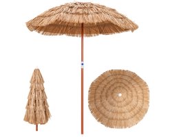 COSTWAY Hawaï Parasol, Parasolvoet Niet Inbegrepen, kantelbaar strandscherm, tuinscherm, in hoogte verstelbaar, uv-bescherming, pp stroparasol, marktparasol, naturel, 155 cm