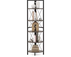 COSTWAY Hoekplank met 5 niveaus, 160 cm hoog, boekenkast, hout, staand rek met metalen frame, opbergplank, voor woonkamer, badkamer, keuken en hal (eikengrijs)