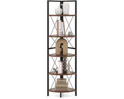 COSTWAY Hoekplank met 5 niveaus, 160 cm hoog, boekenkast, hout, staand rek met metalen frame, opbergrek, voor woonkamer, badkamer, keuken en hal (vintage)