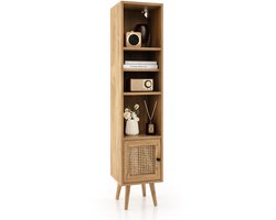 COSTWAY Hoge kast rotan, badkamerkast met 4 planken, houten poten en rotandeur, commode smal, boekenkast, boho houten kast 29,5 x 29,5 x 137 cm (bruin)