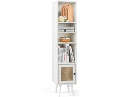 COSTWAY Hoge kast rotan, badkamerkast met 4 planken, houten poten en rotandeur, commode smal, boekenkast, boho houten kast 29,5 x 29,5 x 137 cm (wit)