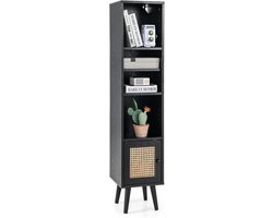 COSTWAY Hoge kast rotan, badkamerkast met 4 planken, houten poten en rotandeur, commode smal, boekenkast, boho houten kast 29,5 x 29,5 x 137 cm (zwart)