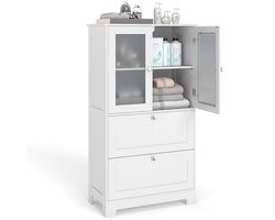 COSTWAY Houten badkamerkast, met 2 laden en 2 glazen deuren, hoge badkamerkast met verstelbare plank, opbergkast voor badkamer, keuken, woonkamer, wit