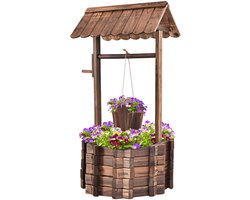 COSTWAY Houten fontein met dak, wensfontein, bloembak, decoratieve fontein, bloempot, tuindecoratie voor buiten, veranda, 56 x 56 x 114 cm
