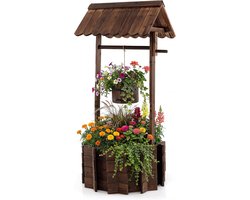 COSTWAY Houten fontein met dak, wensfontein tuin, bloembak, decoratieve fontein bloempot, decoratie voor buiten, veranda, 56 x 56 x 114 cm, bruin