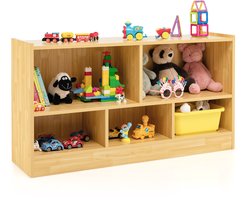 COSTWAY Houten speelgoedkast voor kinderen, speelgoedrek met 2 grote vakken en 3 kleine vakken, open, kinderrek voor speelgoed, poppen en boeken, 111 x 30 x 61,5 cm, naturel