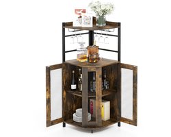 COSTWAY Industriële barkast, wijnkast met glashouder, huisbar van metalen frame, hoekkast keuken, 46 x 46 x 130 cm