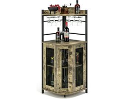 COSTWAY Industriële barkast, wijnkast met glashouder, huisbar van metalen frame, hoekkast keuken, 46 x 46 x 130 cm (lichtbruin)