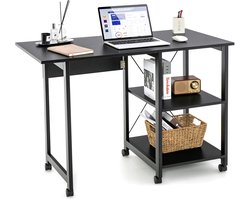COSTWAY Inklapbare computertafel, modern bureau met 2-traps opbergvakken en 6 wielen, pc-tafel, laptoptafel, werktafel voor thuis, thuiskantoor (zwart)