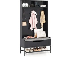COSTWAY Kapstok met zitbank, 4-in-1 garderobe met open vakken, schoenenkast en 3 haken, kledingstandaard met zitkussen, halgarderobe voor ingang, woonkamer, 90 x 38,5 x 170 cm