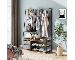 COSTWAY Kapstok met zitbank, garderobe met 6 niveaus, 9 dubbele haken, 2 stoffen commodes en schoenenrek, halgarderobe voor hal en slaapkamer, industrieel design, 122 x 40 x 180 cm