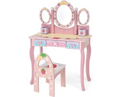 COSTWAY Kaptafel voor Kinderen met Drievoudige Spiegel, Aankleedtafel en Stoel met 3 Lades, 2 Opbergdozen, Meisjes Make-up Vanity Tabel met Krukje voor Kinderen (Roze)