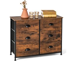 COSTWAY Kast met 6 Laden Dressoir op 3 Niveaus met Opvouwbare Stoffen Laden Metalen Ladehandgrepen en Roestvrijstalen Frame Bruin
