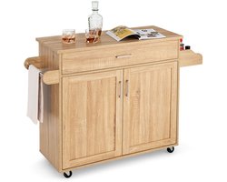 COSTWAY keukeneiland met handdoekhouder en kruidenbord, keukentrolley met lade en in hoogte verstelbare plank, keukenkast oprolbaar, keukenwagen van hout, keukeilandwagen (natuur)
