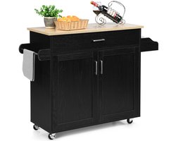 COSTWAY Keukeneiland serveerwagen, rollende keukenwagen met vergrendelbare rubberen wielen, grote kast, lade, kruidenrek en handdoekrek, 3-positie verstelbare plank, 116 x 40 x 85 cm (Zwart)
