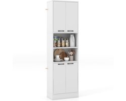 COSTWAY Keukenkast, 190 cm hoog, hoge kast met deuren, planken, veiligheidsscharnieren en kantelbeveiliging, dressoir, vrijstaand, multifunctionele kast voor eetkamer, woonkamer, wit