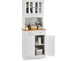COSTWAY Keukenkast hoog, 170 cm buffetkast hout, hoge kast met 2 laden & verstelbare planken & glazen deuren & draadgat, keukenbuffet vrijstaand, buffet voor keuken eetkamer, wit