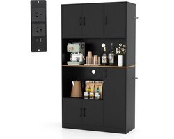COSTWAY Keukenkast van hout, buffetkast met stopcontact, hoge kast met deuren en werkblad, opbergkast, voor keuken en woonkamer, 100 x 40 x 180 cm (zwart)