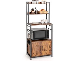 COSTWAY Keukenrek met opbergkast, bakkersrek, opbergrek met haken, staand rek met planken, keukenkast met deur en verstelbare poten, voor keuken en eetkamer, vintage industrieel rek