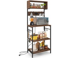COSTWAY Keukenrek met stopcontact, staand rek met open planken en 10 ophanghaken, magnetronrek, industrieel met stalen frame, bakkersrek voor keuken en eetkamer, 60 x 42 x 153 cm