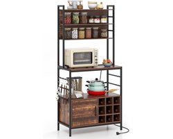 COSTWAY Keukenrek met stopcontact, wijnrek voor 9 flessen, staand rek met kast, open planken en haken, magnetronrek met metalen frame, bakkersrek voor keuken, 80 x 40 x 170 cm (bruin)