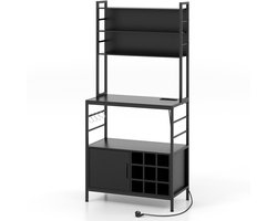COSTWAY Keukenrek met stopcontact, wijnrek voor 9 flessen, staand rek met kast, open planken en haken, magnetronrek met metalen frame, bakkersrek voor keuken, 80 x 40 x 170 cm (zwart)