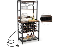 COSTWAY Keukenrek met stopcontacten, wijnrek voor 24 flessen, glashouder, werkblad, staand rek voor magnetron, bakkersrek, 5 planken, voor keuken eetkamer, vintage bruin, 76 x 48 x 163 cm