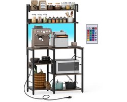 COSTWAY Keukenrek, staand rek met ledverlichting, stopcontacten en planken, magnetronrek, staand, bakkersrek voor keuken, eetkamer, woonkamer, opbergrek, vintage, 90 x 40,5 x 147 cm