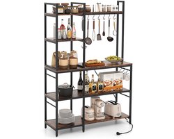 COSTWAY Keukenrek, staand rek met stopcontacten, 5 etages, magnetronrek met planken en 10 S-haken, bakkersrek, metalen frame, tot 100 kg, voor keuken eetkamer, vintage bruin, 107 x 37 x 160 cm