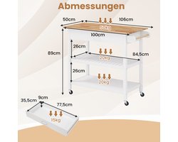 COSTWAY Keukentrolley, mobiel keukeneiland met werkblad, 3 verdiepingen, keukenrolwagen met 2 open planken, lade, vergrendelbare wielen, serveerwagen voor eetkamer, keuken (wit)
