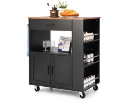 COSTWAY Keukentrolley op wieltjes, serveerwagen met werkblad, handdoekhouder, 3 kruidenrekken en lade, keukeneiland, hout, verrijdbare keukenkast, voor keuken, eetkamer en bar (zwart)