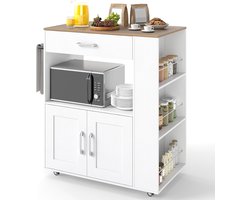 COSTWAY Keukenwagen op wielen, Serveerwagen met werkblad, Lade & 3 kruidenrekken, mobiel keukeneiland hout, Magnetronkast voor keuken en eetkamer (Wit, 75 x 46 x 90,5 cm)