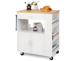 COSTWAY Keukenwagen op wieltjes, serveerwagen met werkblad, lade, handdoekhouder en 3 kruidenrekken, keukeneiland, hout, oprolbare keukenkast, voor keuken, eetkamer en bar (wit)
