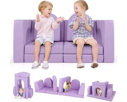 COSTWAY Kinderbank, 8-delig, speelbank van schuimrubber, bouwstenen met comfortabele suède, modulaire speelbank voor kinderen om te spelen (paars)